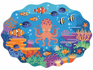 Obraz premium An enchanting underwater illustration featuring a lively octopus surrounded by colorful fish and vibrant coral, celebrating marine life and the beauty of ocean ecosystems.