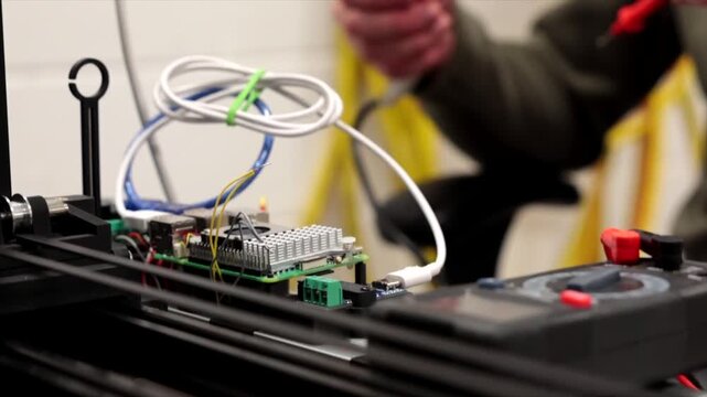 giovane operatore tecnico che lavora ed esegue delle misurazioni con apparecchi elettronici su dei macchinari robotici avanzati, video dettagliato in tempo reale