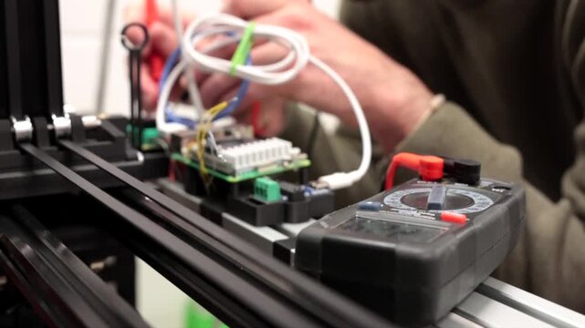 giovane operatore tecnico che lavora ed esegue delle misurazioni con apparecchi elettronici su dei macchinari robotici avanzati, video dettagliato in tempo reale