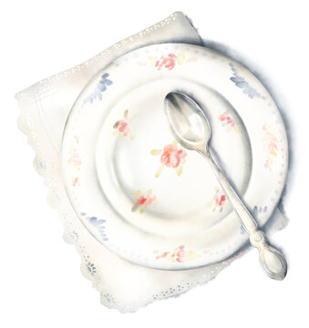 Delicate watercolor hand drawn composition, vintage floral plate with grandma's roses, silver spoon, lace doily, soft shadow, isolated on white background. Romantic cottage core table setting