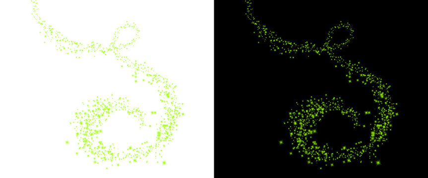 Green magic dust trail on black and white backgrounds, sparkling fairy glitter swirl, glowing emerald particle wave for fantasy design
