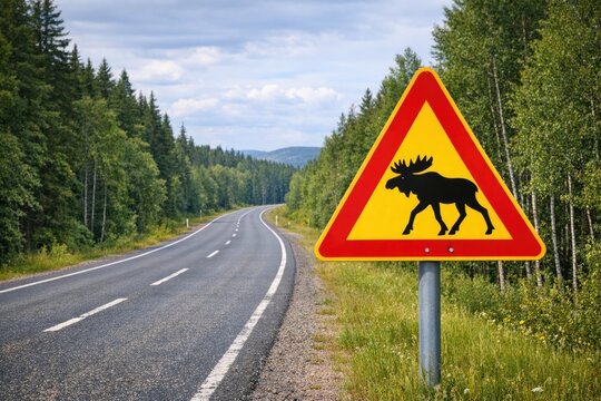 A sign warning of moose crossing on the side of a rural road, useful for outdoor and wildlife-themed projects