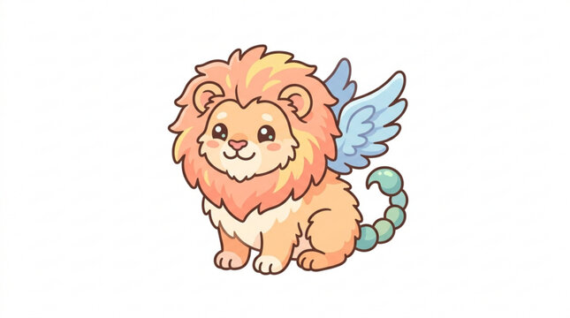 Cute cartoon manticore creature with wings and a scorpion tail sitting against a white background for playful fantasy character design