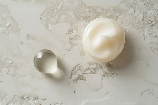 Smooth dollop of white cream on a light surface with a droplet nearby in a simple top-down view