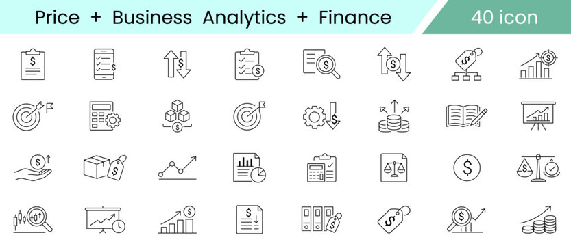 Set of forty icons related to price business analytics and finance concepts