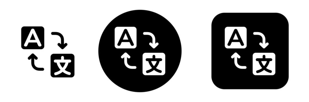 Language translation icon set in button style with translate symbol. Translator tool for multilingual content, language switch and localization