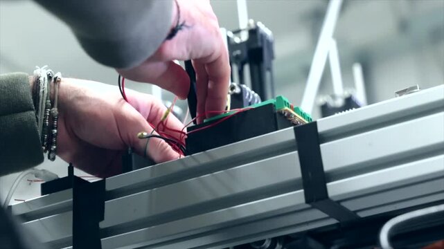 giovane operatore tecnico che lavora su dei macchinari robotici avanzati, video dettagliato in tempo reale