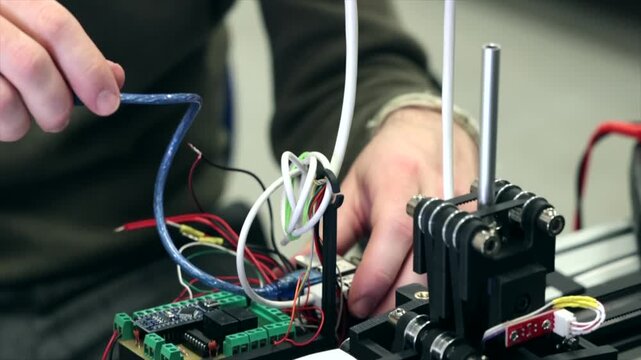 giovane operatore tecnico che lavora su dei macchinari robotici avanzati, video dettagliato in tempo reale
