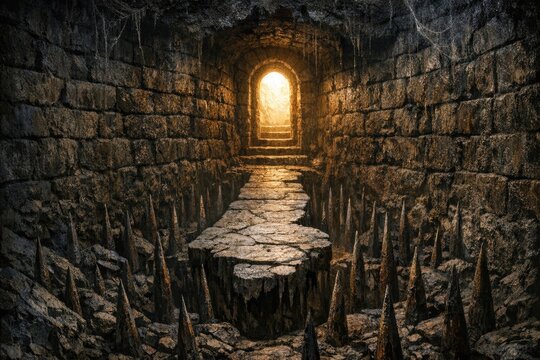 A stone tunnel with a light at the end