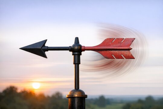 A simple wind vane with a bright red arrow pointing upwards, suitable for use in weather forecasts, outdoor scenes, or as a symbol
