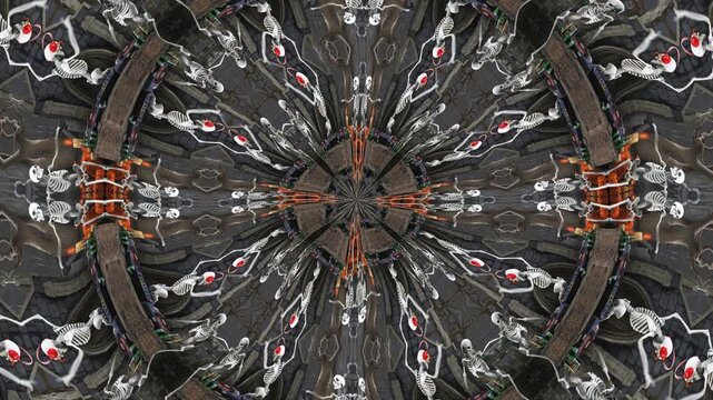 Seamless animation of mandala of a skeleton dancing. Psychedelic trippy halloween background.