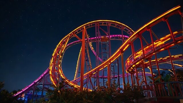 Illuminated roller coaster tracks with glowing vibrant neon lights against a dark night sky at amusement park