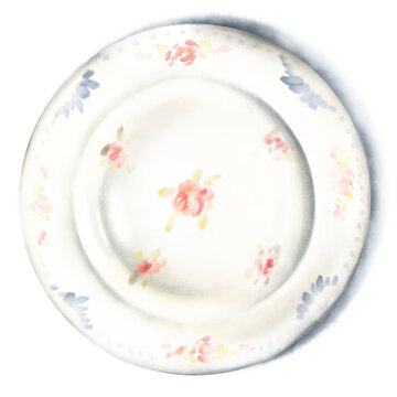 Delicate watercolor hand drawn illustration of vintage floral plate with grandma's roses, soft shadow, isolated on white background. Romantic cottage core tableware for setting, wedding, tea party