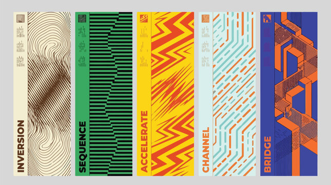 Abstract geometric vertical banners set, modern graphic design layouts with inversion sequence accelerate channel and bridge text, colorful vector covers