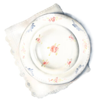Delicate watercolor hand drawn composition, vintage floral plate with grandma's roses, lace doily, soft shadow, isolated on white background. Romantic setting for wedding. Cottage core illustration