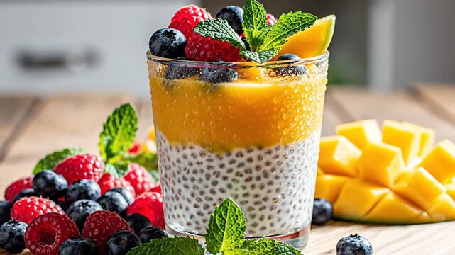 Glass of layered mango chia seed pudding with condensation, topped with fresh blueberries and mint, served on a wooden board with raspberries, blueberries, and diced mango fruit.