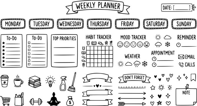 Daily planner stickers. Weekly bullet journal doodle stickers, hand drawn cute daily planner elements isolated vector symbols set. Daily scheduler stickers