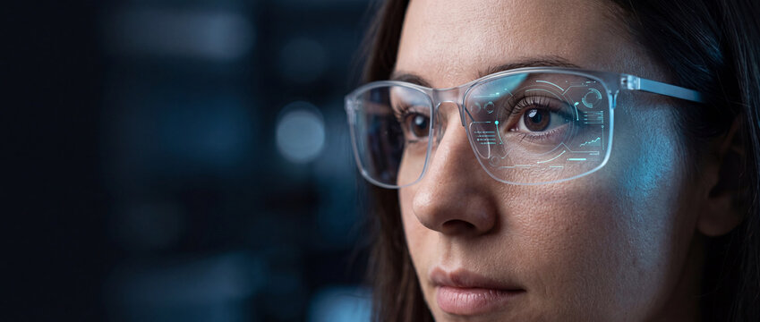 Augmented reality glasses display futuristic HUD interface on a woman's face, showcasing advanced technology and data visualization for modern applications and digital innovation