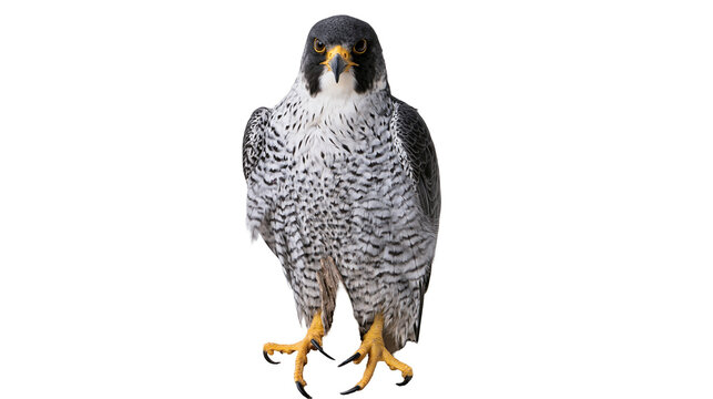 Peregrine falcon with black and white speckled plumage, isolated on transparent background