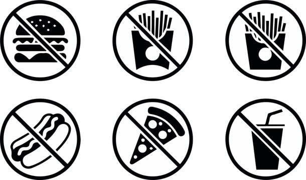 fast food warning icons collection burger fries hotdog pizza drink