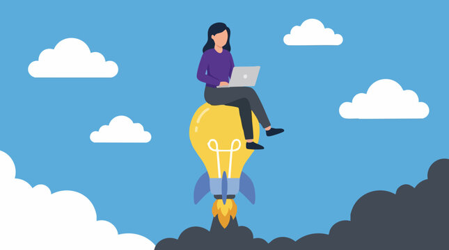 Woman launching a new idea rocket, business startup and innovation concept