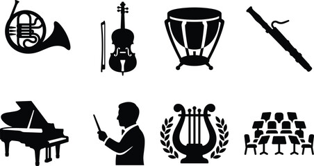 Classical music instrument and orchestra silhouette vector set with conductor and performance icons © Tanzila