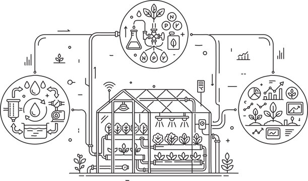 Greenhouse and agricultural system diagram a detailed vector illustration with scientific notations and plant life agriculture agricultural system botanical chemical formula crop cultivation