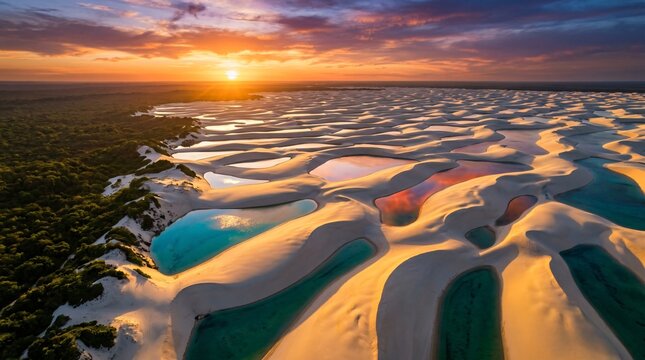 Golden Hour Sunset over Len&ccedil;&oacute;is Maranhenses National Park.