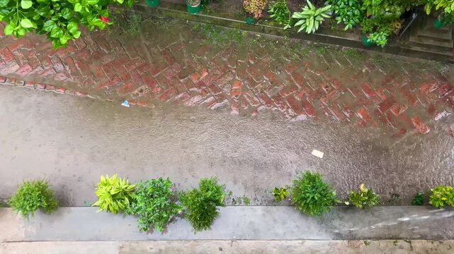resh Monsoon Season: Rain Puddle Ripples on a Traditional Brick Pavement