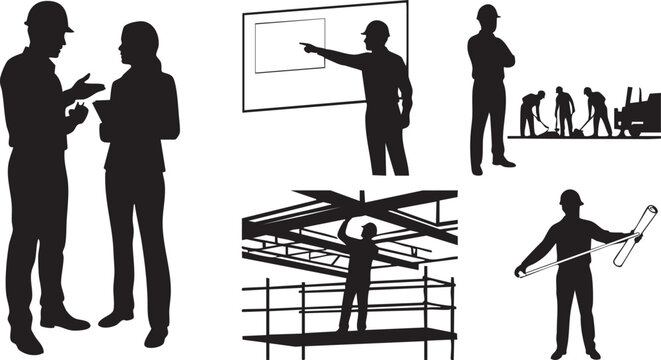 Construction worker silhouettes depicting various tasks on a white background a vector illustration silhouette building engineer architect foreman inspector blueprint planning