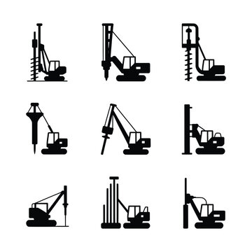 Black silhouettes of various construction excavator machines and drilling equipment on white background