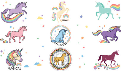 Fototapeta premium Cute magical unicorn character collection set with rainbows stars clouds and fantasy fairytale emblems cartoon vector illustration clip art