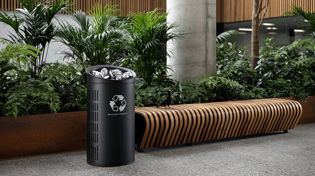 Modern black recycling bin beside wooden bench in green landscape. Recyclable material collection bin near bench