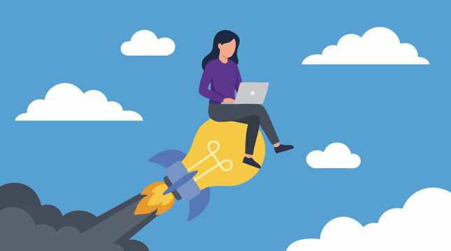 Creative Businesswoman on Idea Rocket with Laptop - Innovation & Startup Concept