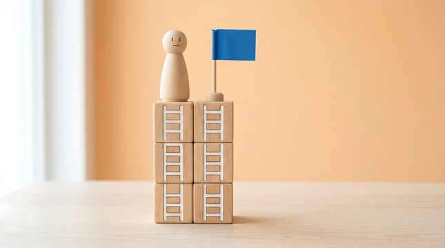 Wooden peg doll standing on stacked blocks with ladder icons next to blue flag