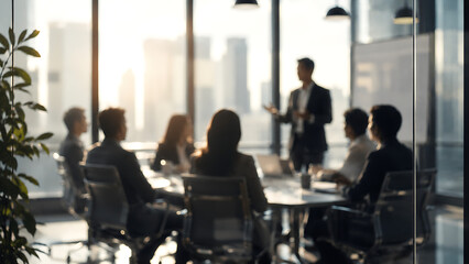 Fototapeta premium Business presentation in glass conference room, speaker briefing team silhouettes, modern corporate meeting, leadership, training, strategy and collaboration concept.