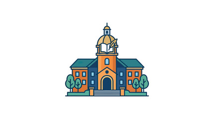 Naklejka premium Flat Vector Illustration of a University Building with Book and Quill Icon