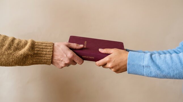 Two hands exchanging a book with the word reflections