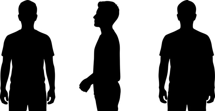Three black silhouettes of a man standing in front, side, and back view for design reference