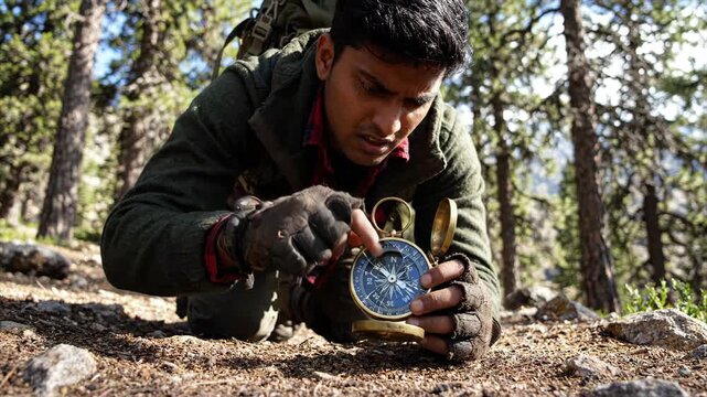 Man compass navigation forest outdoor adventure hiker orientation survival gear wilderness exploration survival skill training woodland travel focused