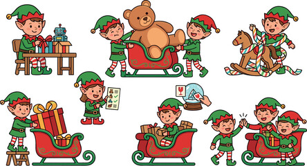 Fototapeta premium Cute Christmas elves cartoon character set with Santa helpers packing toys loading sleigh holding list and celebrating winter holiday vector illustration