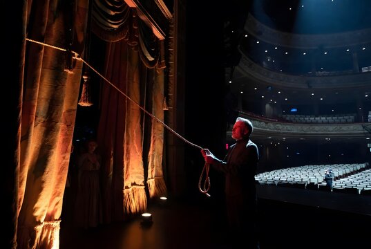 A theater producer grasping the rope that will raise the curtain on the most important premiere of a lifetime