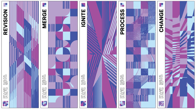 Abstract geometric vertical banner set, purple and blue mosaic pattern backgrounds, modern corporate business graphics with revision merge ignite process change text