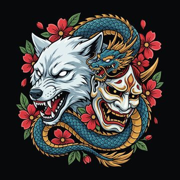 A striking illustration of a fierce dragon intertwined with a wolf and adorned with flowers, representing strength and beauty, perfect for tattoos and creative designs.