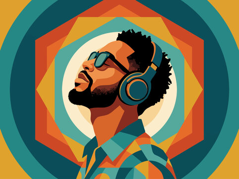 This image depicts a stylish man immersed in music, wearing headphones against a colorful abstract background, symbolizing relaxation and the joy of music.