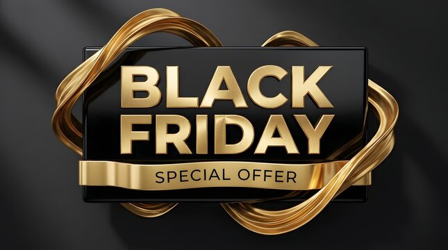 Black friday sale promotion golden text on black background with ribbon