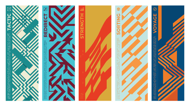 Abstract geometric banner set with Tactic, Redirect, Strength, Sorting, and Voyage labels, modern vertical vector bookmarks with bold patterns