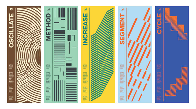 Brutalist abstract poster set with geometric patterns, 5 vertical banner templates with oscillate method increase segment cycle text, modern Swiss style vector graphics