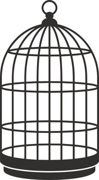 Detailed black outline of an ornate bird cage with a rounded top on a white background Keywords: bird cage, outline, silhouette