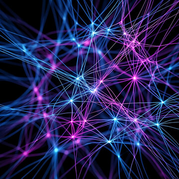 Complex neural network abstract data structure with glowing blue and pink interconnected nodes, abstract